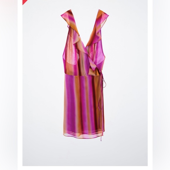 Zara✨Chiffon Stripe Ruffle Collar Wrap Mini Dress-Pink - Picture 2 of 7